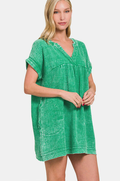 Zenana Washed Notched Short Sleeve Mini Dress-Trendsi-KGREEN-S-[option4]-[option5]-[option6]-[option7]-[option8]-Shop-Boutique-Clothing-for-Women-Online