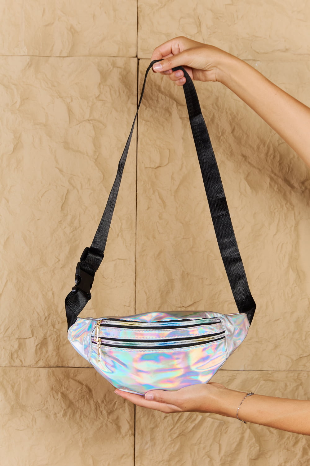 Fame Good Vibrations Holographic Double Zipper Fanny Pack in Silver-Trendsi-Silver-One Size-[option4]-[option5]-[option6]-[option7]-[option8]-Shop-Boutique-Clothing-for-Women-Online