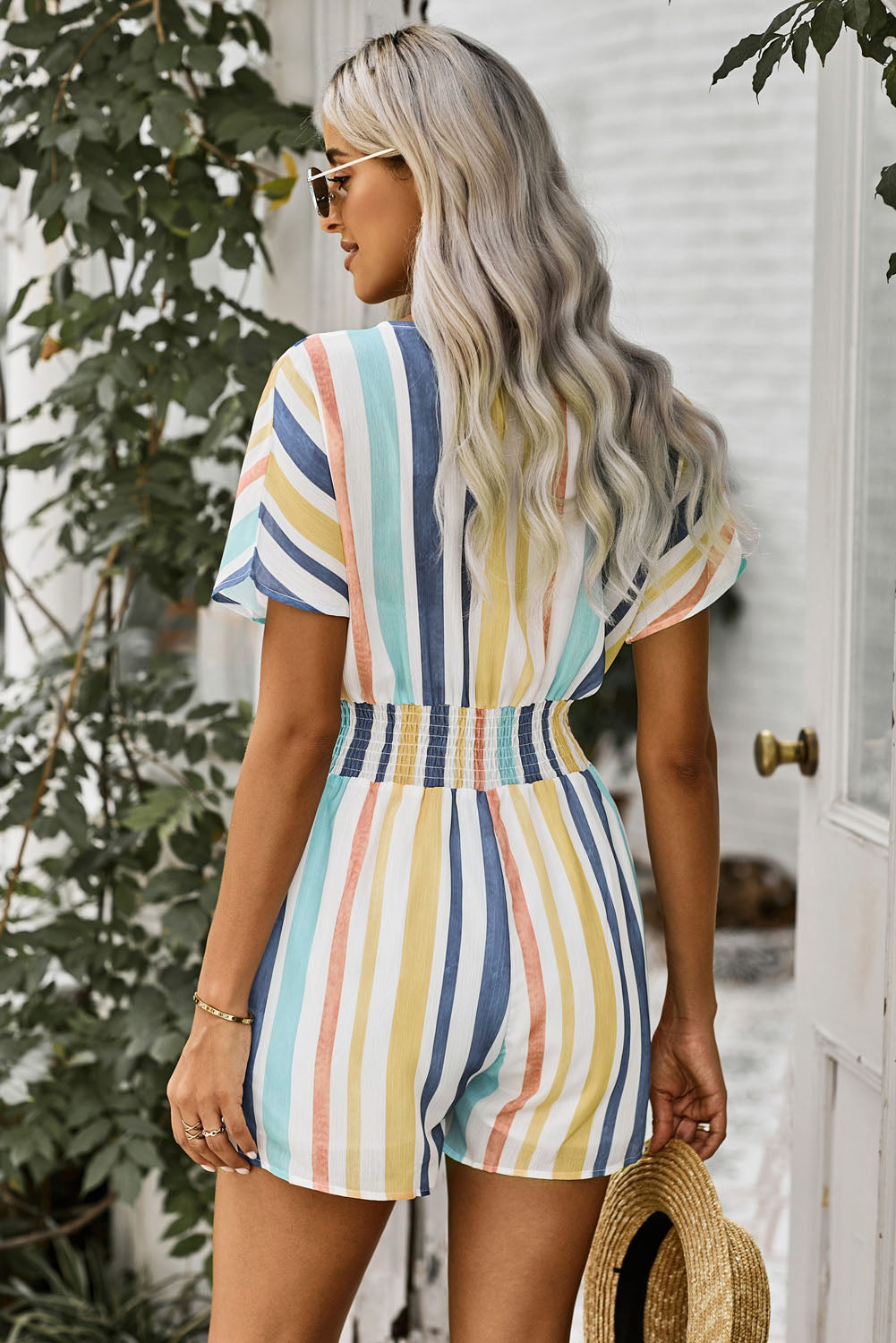 Multicolored Stripe V-Neck Smocked Waist Romper-Trendsi-[option4]-[option5]-[option6]-[option7]-[option8]-Shop-Boutique-Clothing-for-Women-Online