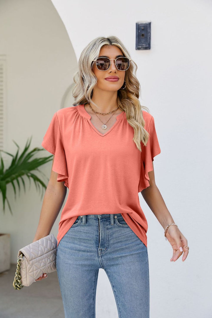 Notched Neck Flutter Sleeve Tee-Trendsi-Coral-S-[option4]-[option5]-[option6]-[option7]-[option8]-Shop-Boutique-Clothing-for-Women-Online