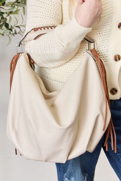 SHOMICO Fringe Detail Contrast Handbag-Trendsi-BEIGE-One Size-[option4]-[option5]-[option6]-[option7]-[option8]-Shop-Boutique-Clothing-for-Women-Online