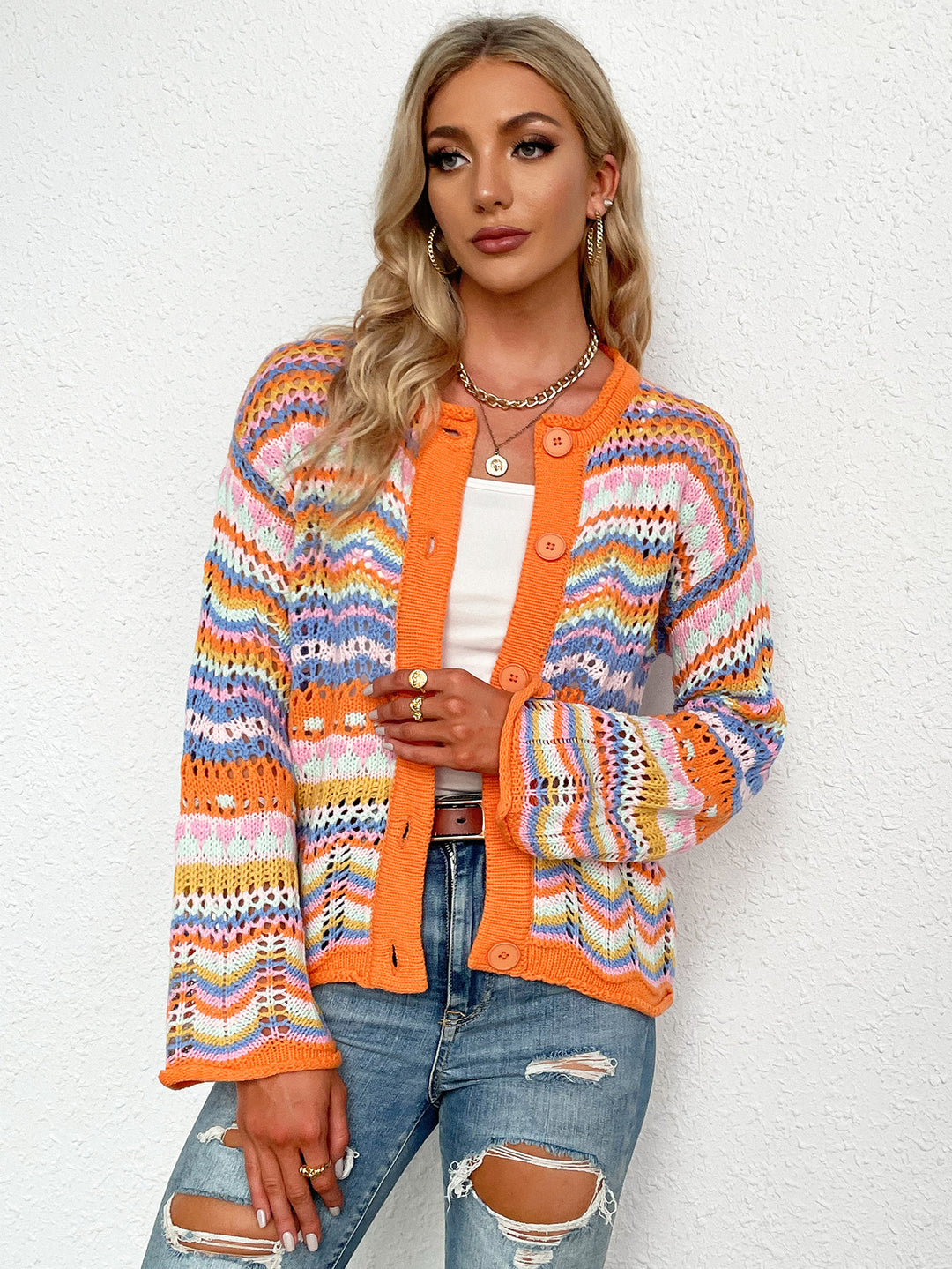 Chevron Stripes Openwork Cardigan-Trendsi-Orange-S-[option4]-[option5]-[option6]-[option7]-[option8]-Shop-Boutique-Clothing-for-Women-Online