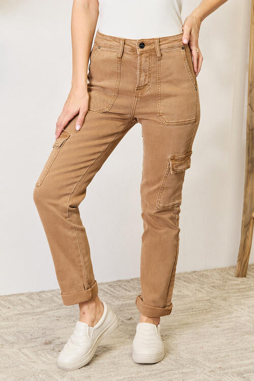 Risen High Waist Tan Cargo Jeans with Pockets-Trendsi-Cocoa-0-[option4]-[option5]-[option6]-[option7]-[option8]-Shop-Boutique-Clothing-for-Women-Online