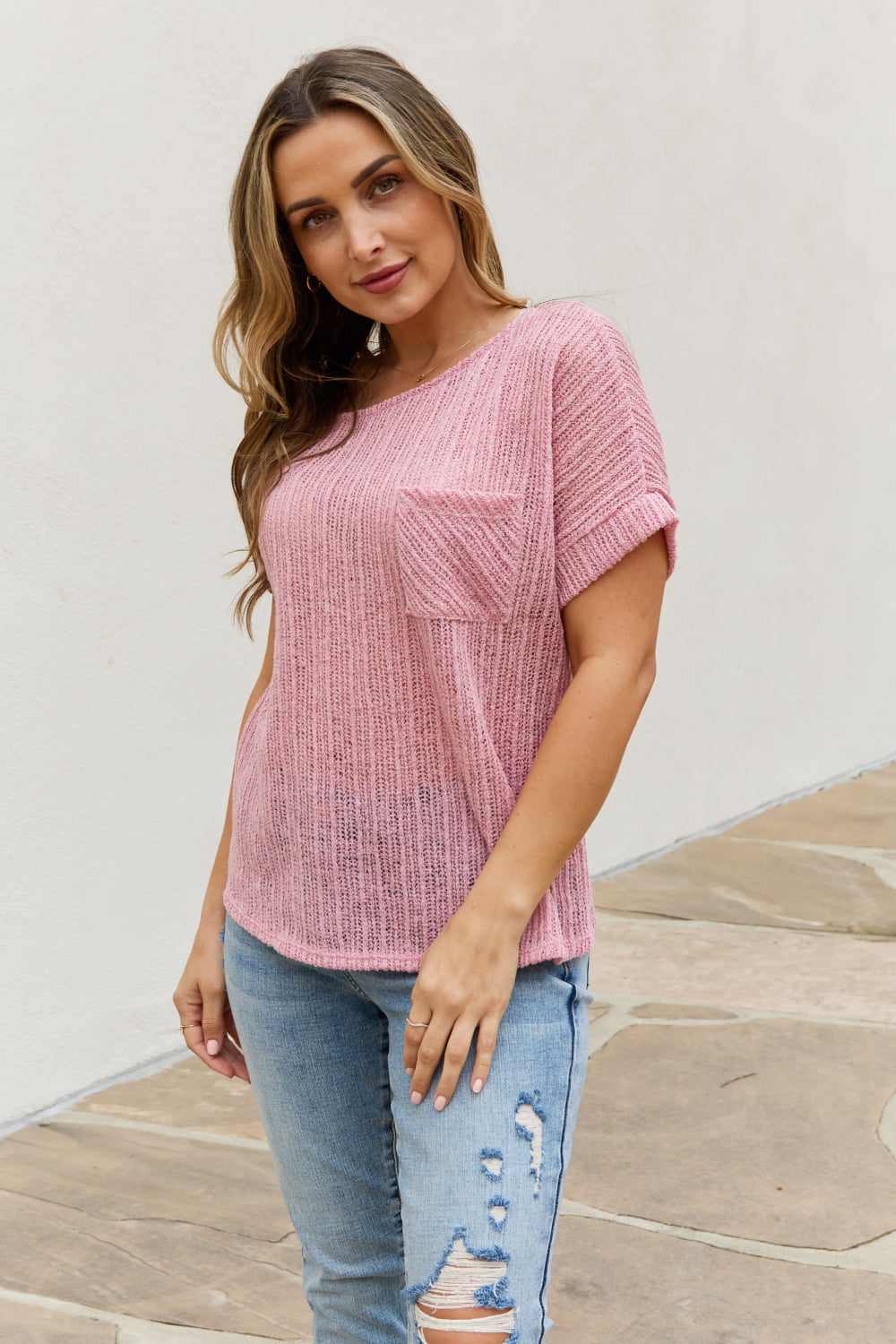e.Luna Chunky Knit Short Sleeve Top in Mauve-Trendsi-[option4]-[option5]-[option6]-[option7]-[option8]-Shop-Boutique-Clothing-for-Women-Online