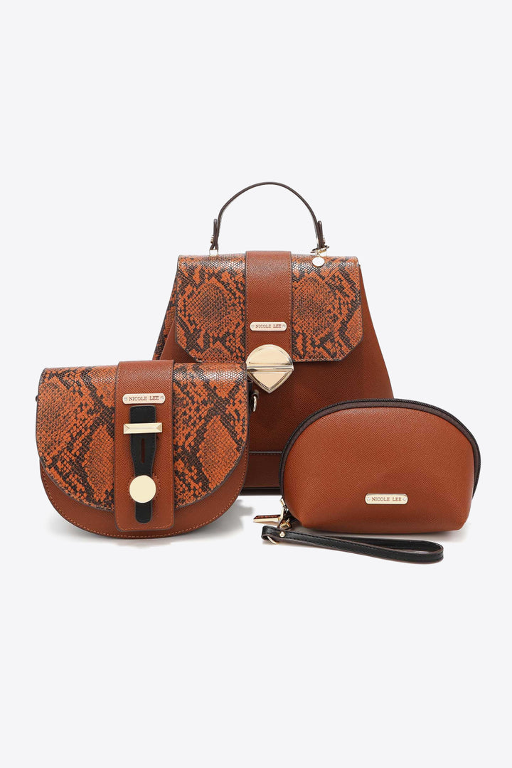 Nicole Lee USA Python 3-Piece Bag Set-Trendsi-Brown-One Size-[option4]-[option5]-[option6]-[option7]-[option8]-Shop-Boutique-Clothing-for-Women-Online