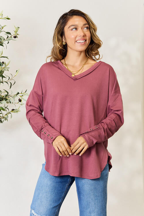 Culture Code V-Neck Exposed Seam Long Sleeve Top-Trendsi-[option4]-[option5]-[option6]-[option7]-[option8]-Shop-Boutique-Clothing-for-Women-Online