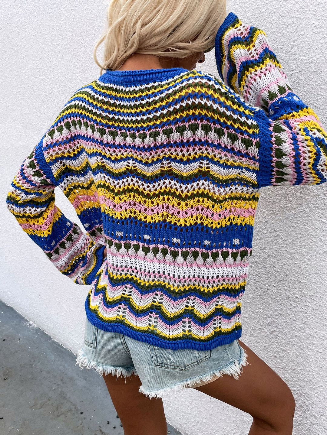 Rainbow Stripe Openwork Flare Sleeve Sweater-Trendsi-[option4]-[option5]-[option6]-[option7]-[option8]-Shop-Boutique-Clothing-for-Women-Online