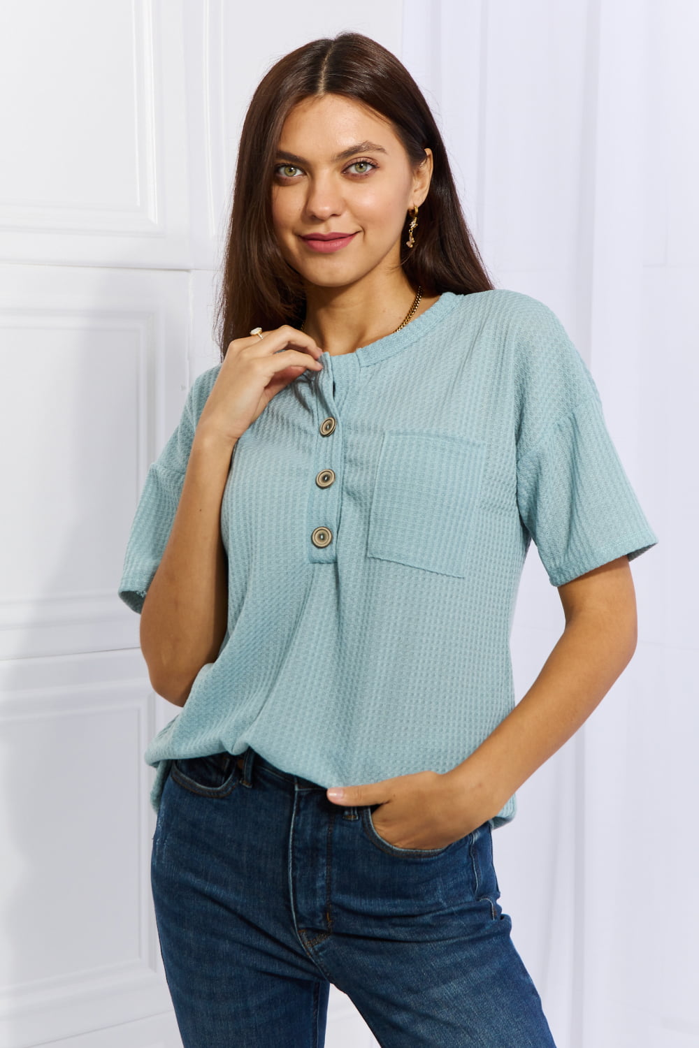 Heimish Made For You 1/4 Button Down Waffle Top in Blue-Trendsi-Pastel Blue-S-[option4]-[option5]-[option6]-[option7]-[option8]-Shop-Boutique-Clothing-for-Women-Online