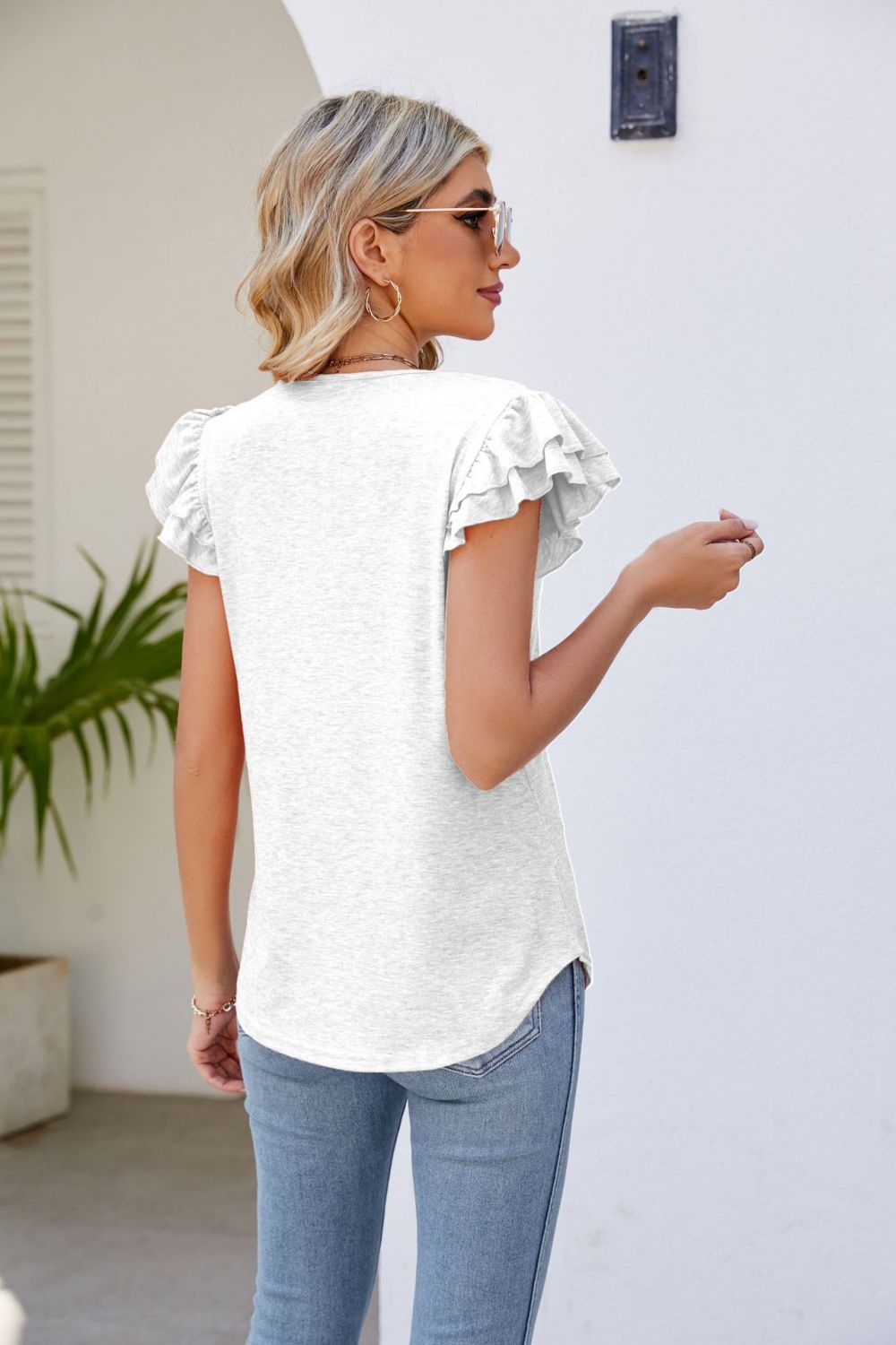 Smocked Flutter Sleeve V-Neck Top-Trendsi-[option4]-[option5]-[option6]-[option7]-[option8]-Shop-Boutique-Clothing-for-Women-Online