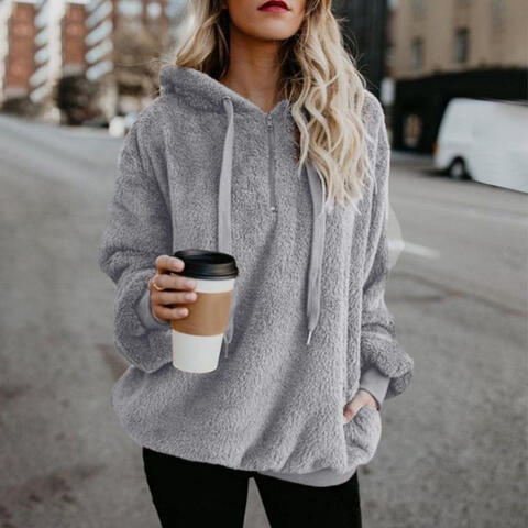 Quarter-Zip Drawstring Teddy Hoodie-Trendsi-Light Gray-S-[option4]-[option5]-[option6]-[option7]-[option8]-Shop-Boutique-Clothing-for-Women-Online