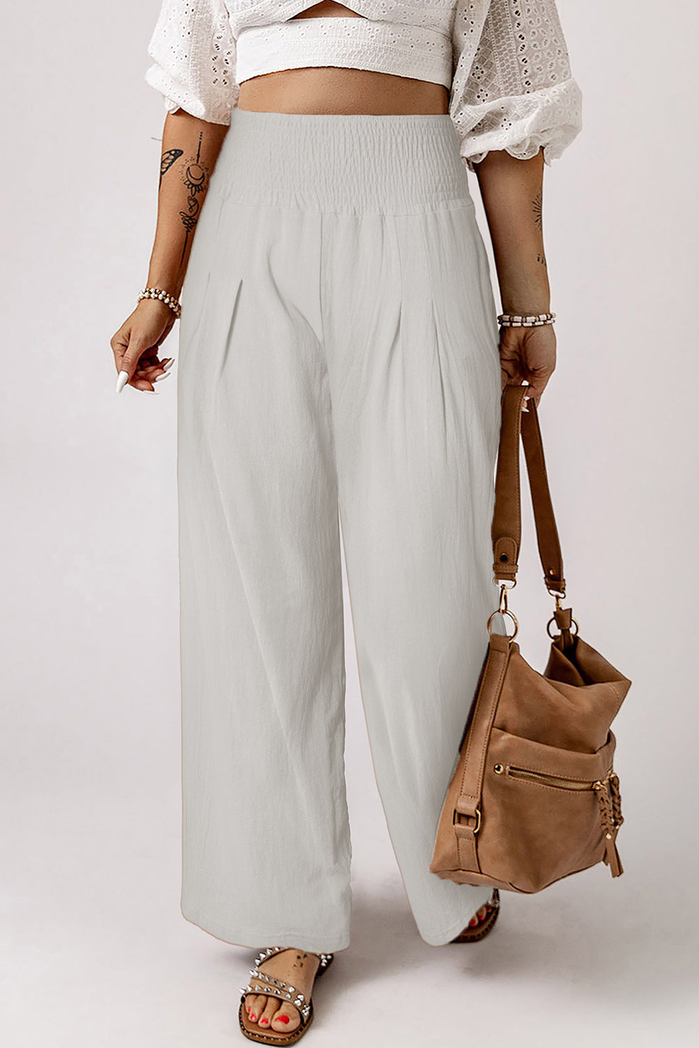 Smocked High Waist Wide Leg Pants-Trendsi-White-S-[option4]-[option5]-[option6]-[option7]-[option8]-Shop-Boutique-Clothing-for-Women-Online