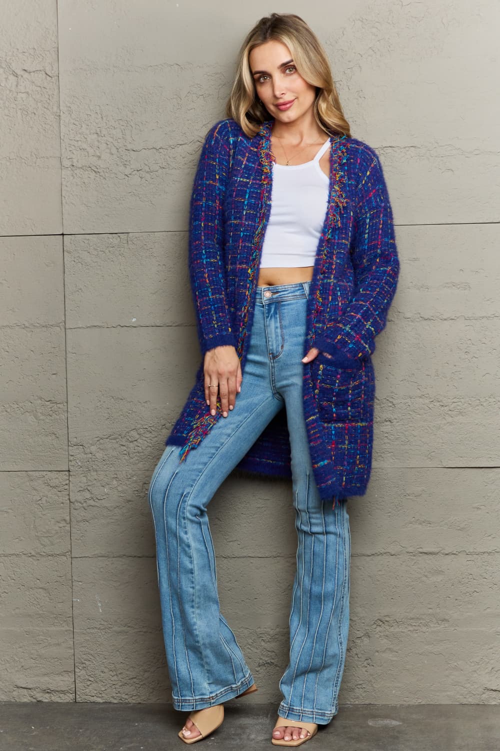 Plaid Fringe Trim Open Front Longline Cardigan-Trendsi-[option4]-[option5]-[option6]-[option7]-[option8]-Shop-Boutique-Clothing-for-Women-Online