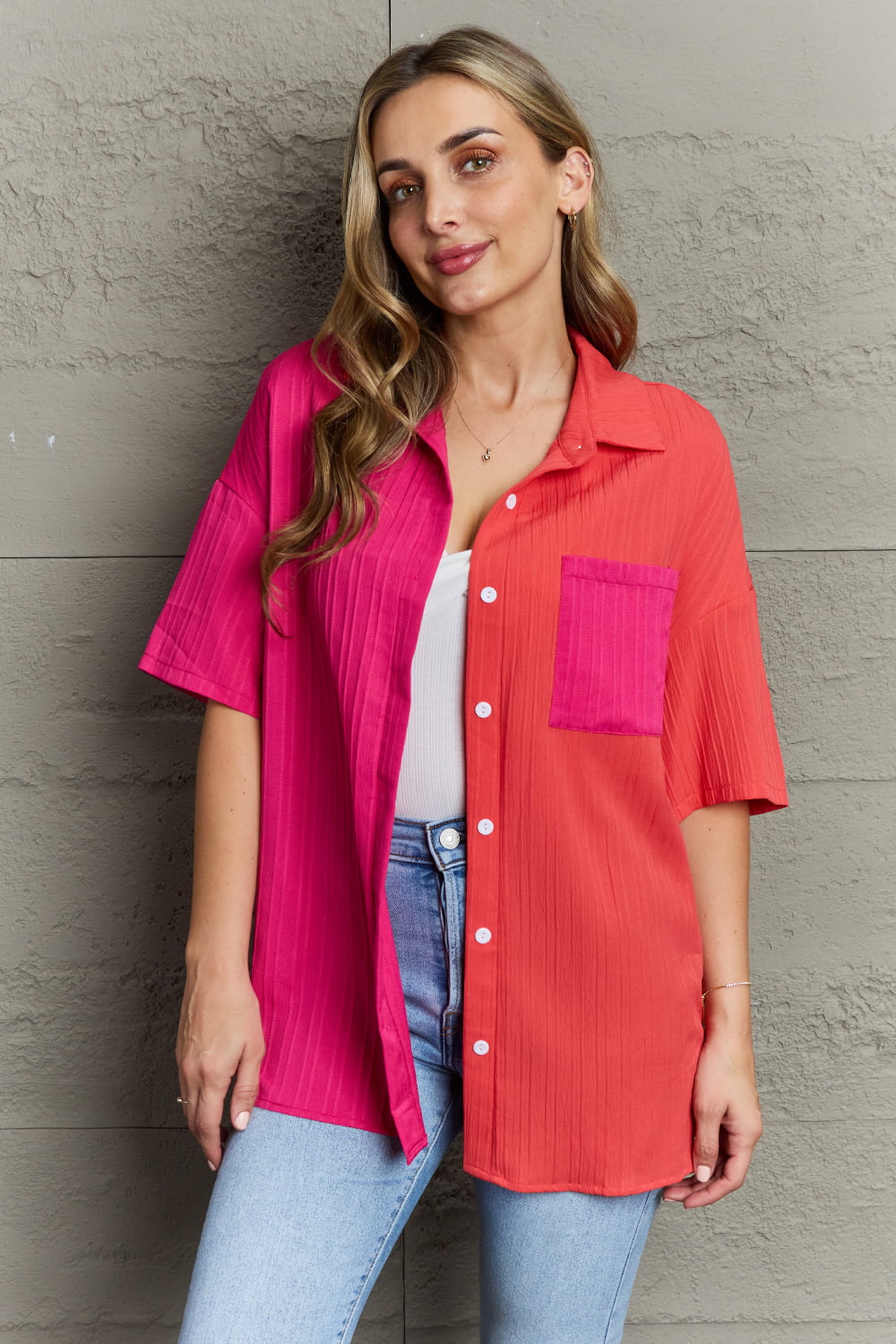 Two-Tone Button Front Dropped Shoulder Shirt-Trendsi-Scarlett/Hot Pink-S-[option4]-[option5]-[option6]-[option7]-[option8]-Shop-Boutique-Clothing-for-Women-Online