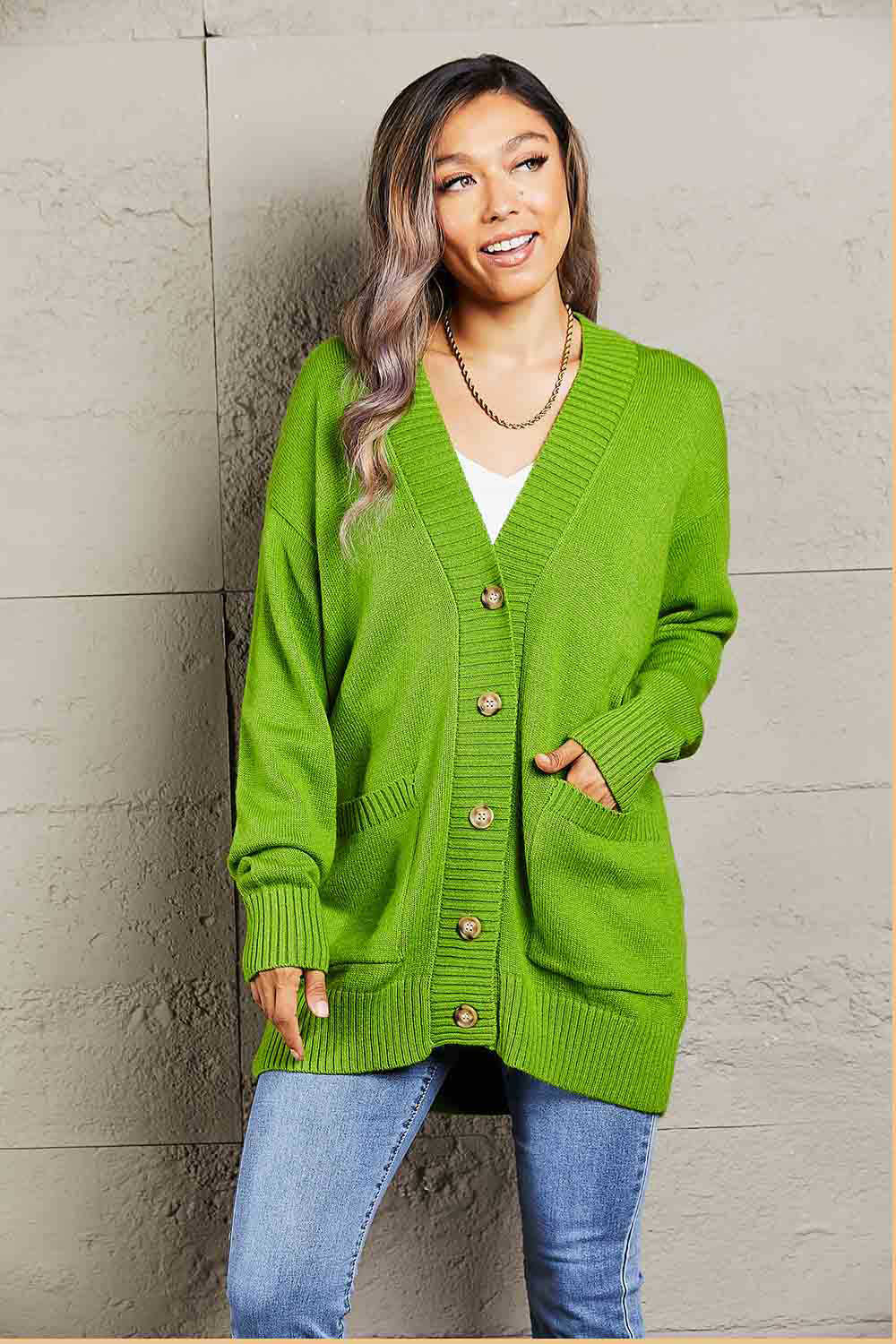 Double Take Ribbed Trim Dropped Shoulder Pocketed Cardigan-Trendsi-Green-S-[option4]-[option5]-[option6]-[option7]-[option8]-Shop-Boutique-Clothing-for-Women-Online