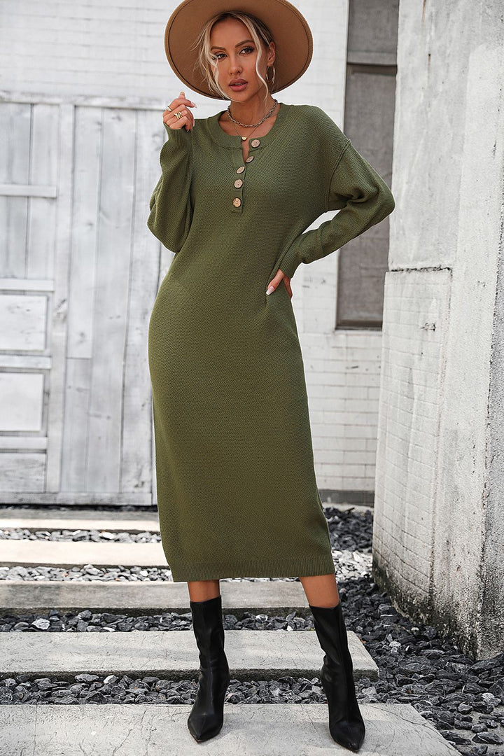Notched Neck Dropped Shoulder Button-Down Midi Dress-Trendsi-Army Green-S-[option4]-[option5]-[option6]-[option7]-[option8]-Shop-Boutique-Clothing-for-Women-Online