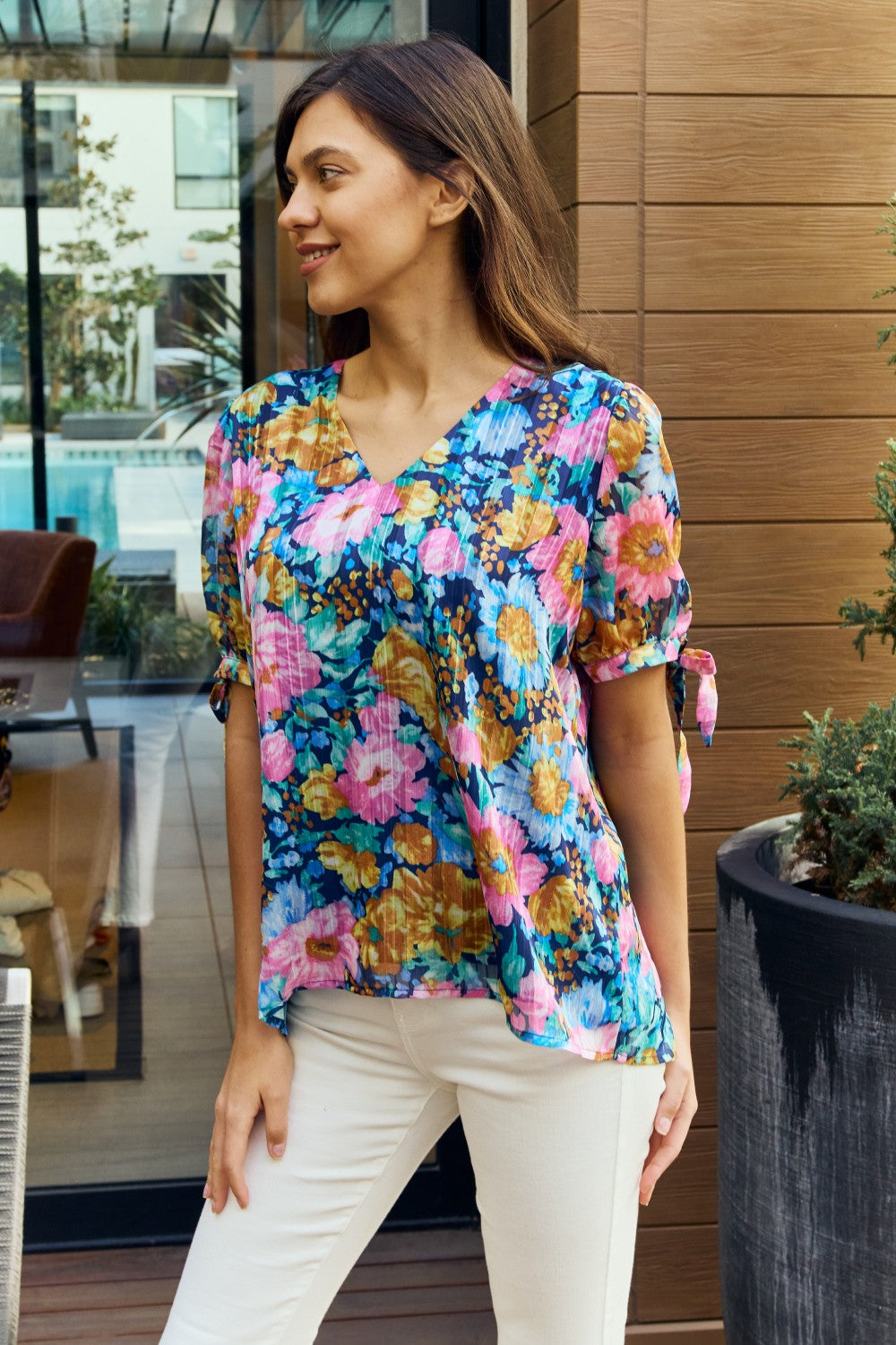 Petal Dew Floral V-Neck Tie Detail Blouse-Trendsi-Navy/Pink-S-[option4]-[option5]-[option6]-[option7]-[option8]-Shop-Boutique-Clothing-for-Women-Online