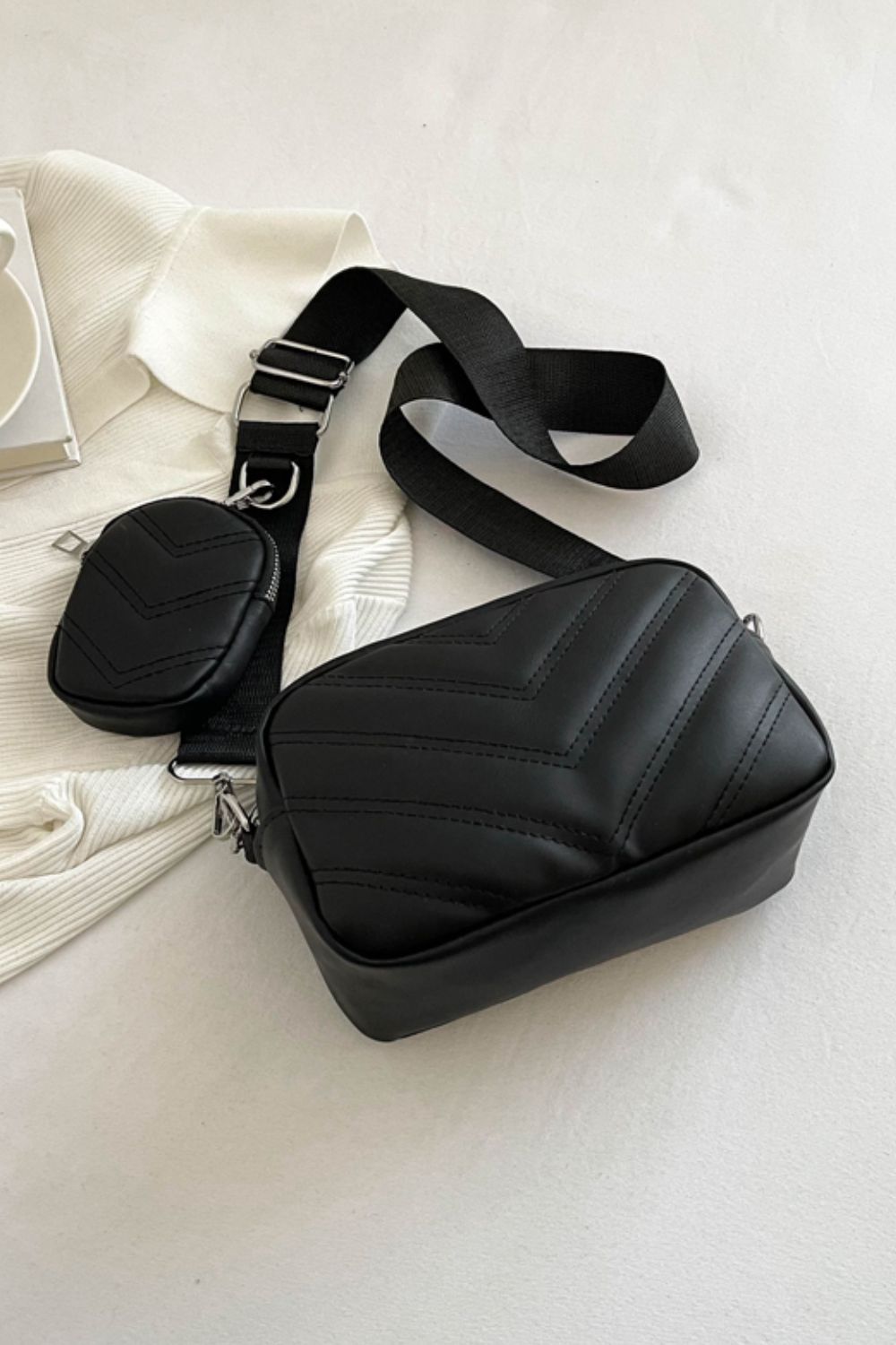 Adored PU Leather Shoulder Bag with Small Purse-Trendsi-Black-One Size-[option4]-[option5]-[option6]-[option7]-[option8]-Shop-Boutique-Clothing-for-Women-Online