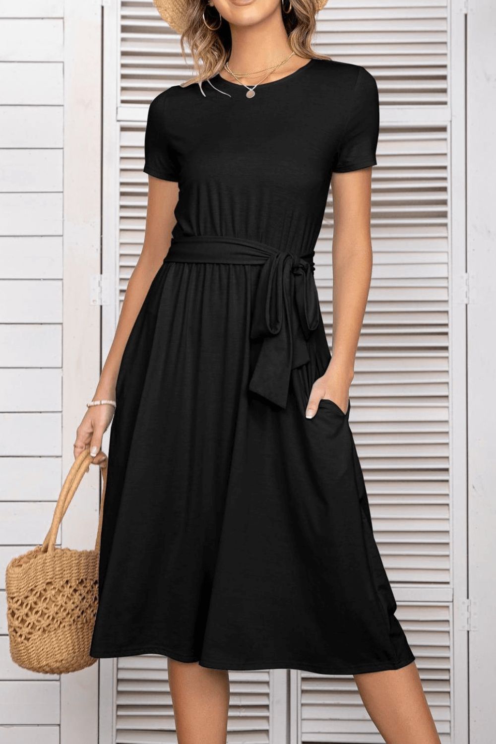Belted Tee Shirt Dress With Pockets-Trendsi-Black-S-[option4]-[option5]-[option6]-[option7]-[option8]-Shop-Boutique-Clothing-for-Women-Online