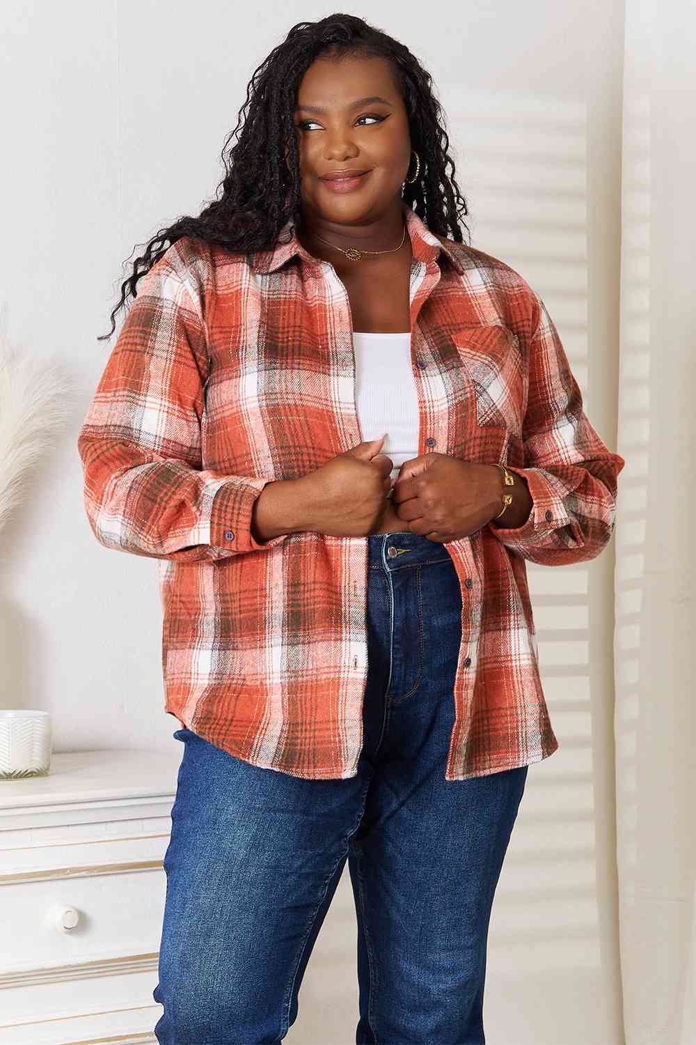 Double Take Plaid Collared Neck Long Sleeve Shirt-Trendsi-[option4]-[option5]-[option6]-[option7]-[option8]-Shop-Boutique-Clothing-for-Women-Online