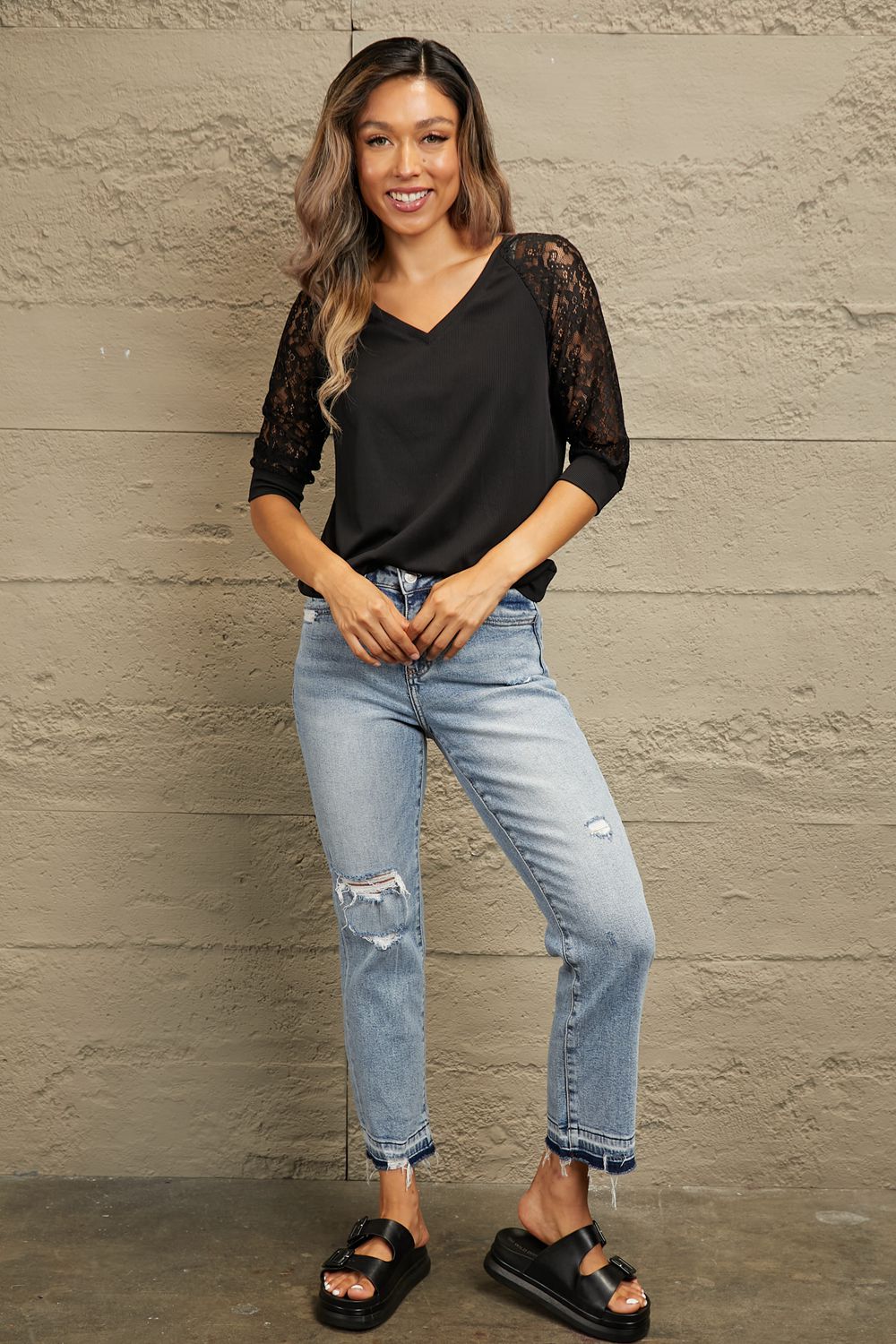 Double Take V-Neck Spliced Lace Raglan Sleeve Top-Trendsi-[option4]-[option5]-[option6]-[option7]-[option8]-Shop-Boutique-Clothing-for-Women-Online