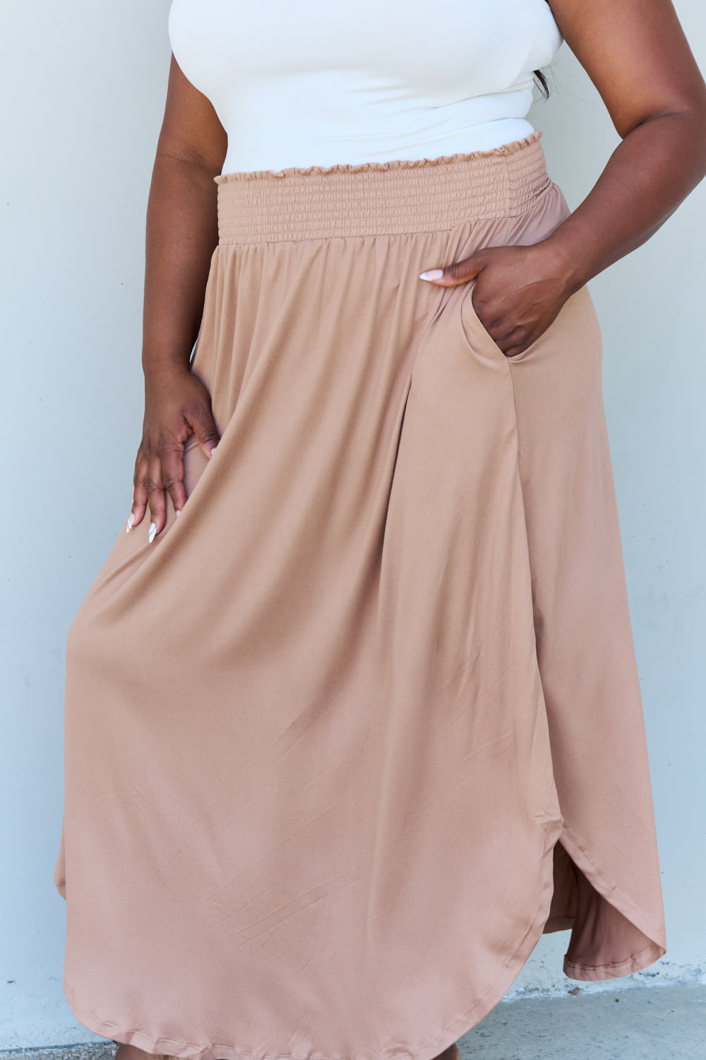 Doublju Comfort Princess High Waist Scoop Hem Maxi Skirt in Tan-Trendsi-[option4]-[option5]-[option6]-[option7]-[option8]-Shop-Boutique-Clothing-for-Women-Online