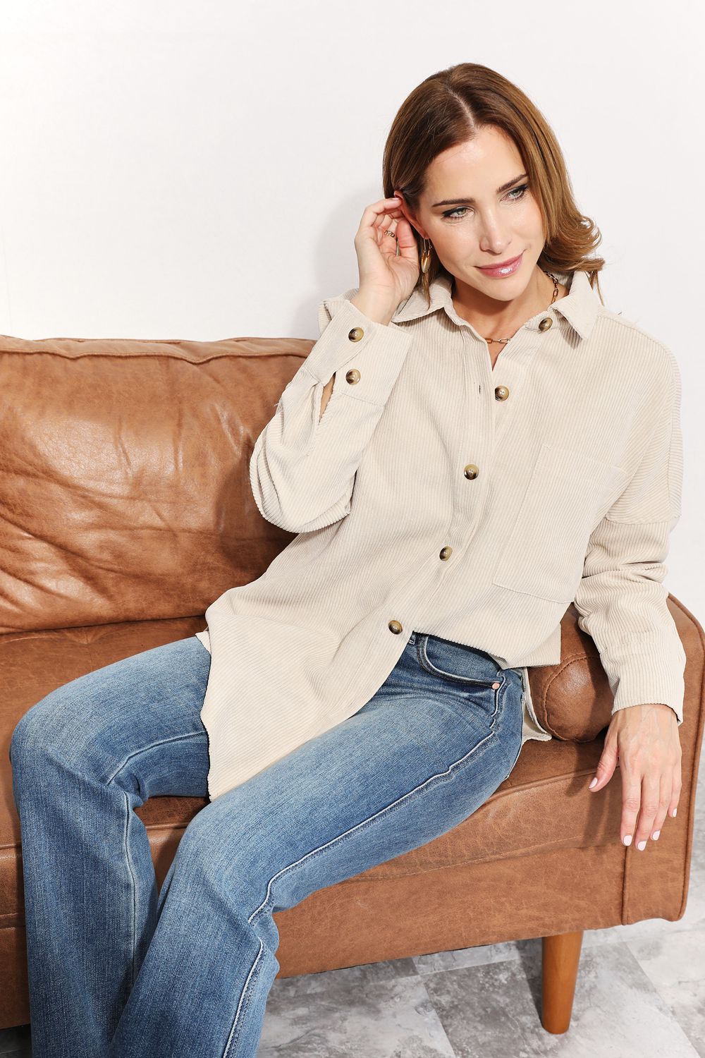 HEYSON Oversized Corduroy Button-Down Tunic Shirt with Bust Pocket-Trendsi-[option4]-[option5]-[option6]-[option7]-[option8]-Shop-Boutique-Clothing-for-Women-Online