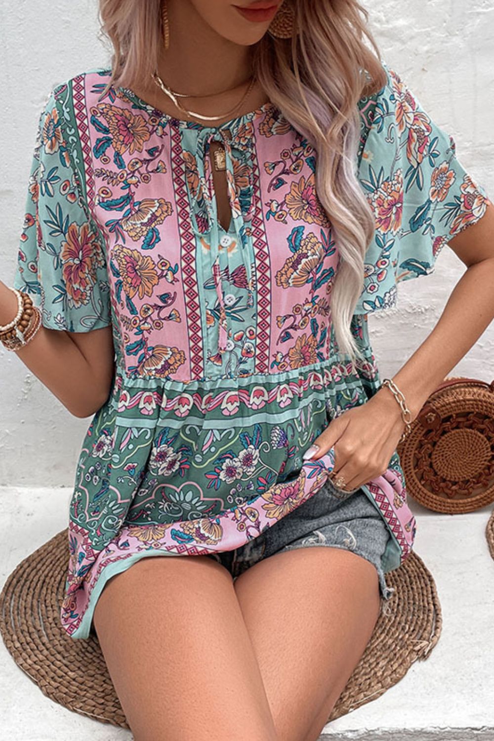 Bohemian Tie-Neck Flutter Sleeve Blouse-Trendsi-[option4]-[option5]-[option6]-[option7]-[option8]-Shop-Boutique-Clothing-for-Women-Online