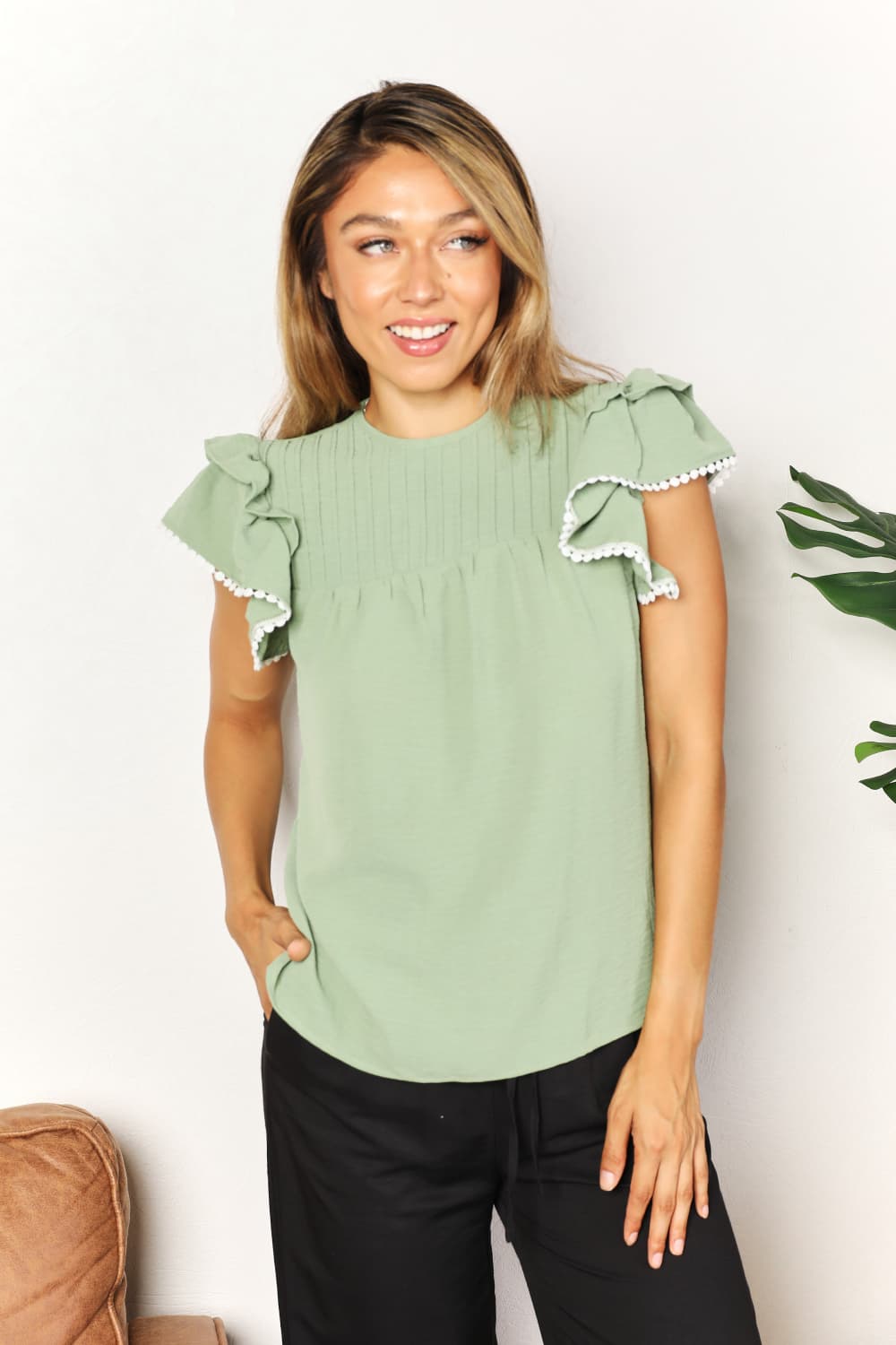 Double Take Pleated Detail Flutter Sleeve Blouse-Trendsi-Gum Leaf-S-[option4]-[option5]-[option6]-[option7]-[option8]-Shop-Boutique-Clothing-for-Women-Online