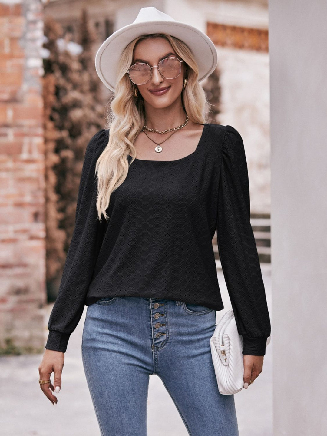 Double Take Eyelet Square Neck Puff Sleeve Blouse-Trendsi-Black-S-[option4]-[option5]-[option6]-[option7]-[option8]-Shop-Boutique-Clothing-for-Women-Online