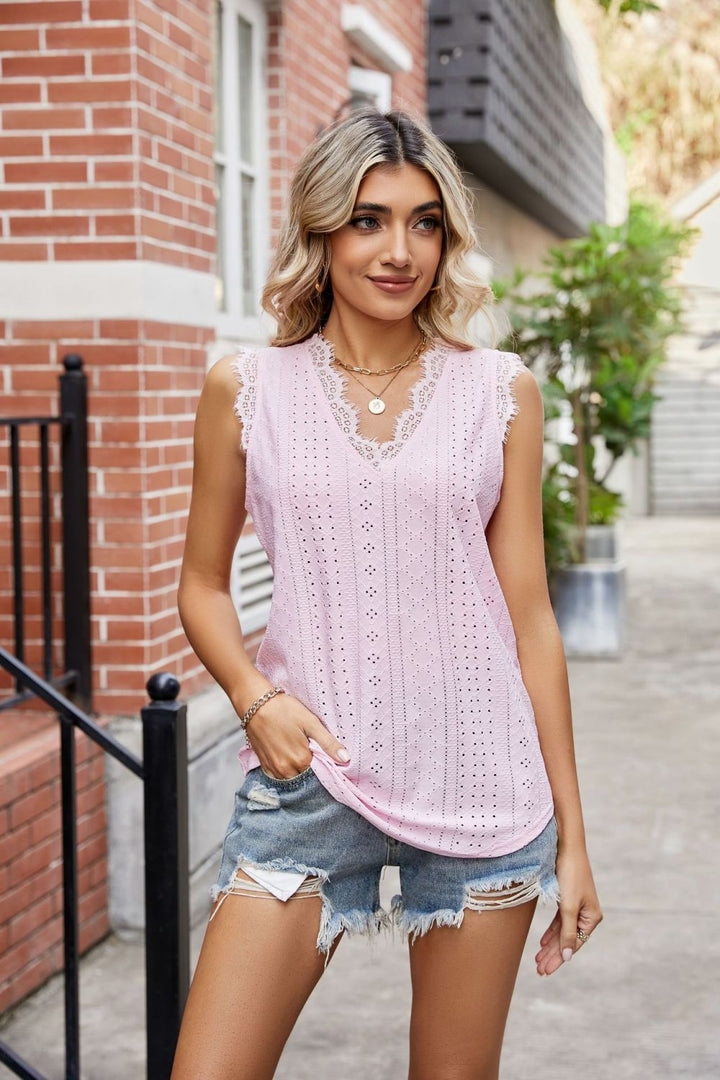 Eyelet Lace Trim Eyelash V-Neck Tank-Trendsi-[option4]-[option5]-[option6]-[option7]-[option8]-Shop-Boutique-Clothing-for-Women-Online