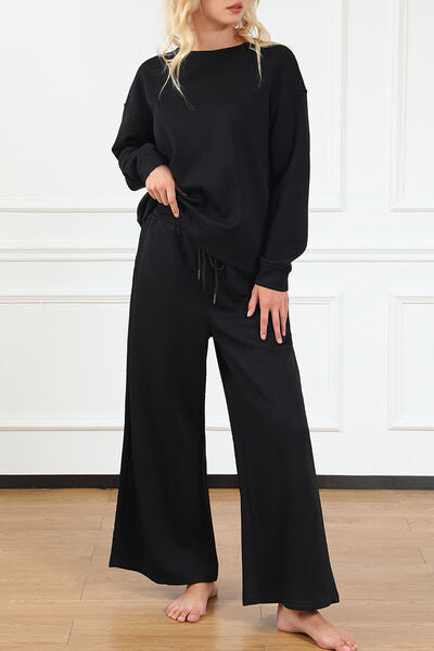 Double Take Textured Long Sleeve Top and Drawstring Pants Set-Trendsi-[option4]-[option5]-[option6]-[option7]-[option8]-Shop-Boutique-Clothing-for-Women-Online