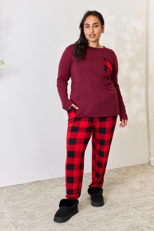 Zenana Plaid Round Neck Top and Pants Pajama Set-Trendsi-Dark Burgundy-S-[option4]-[option5]-[option6]-[option7]-[option8]-Shop-Boutique-Clothing-for-Women-Online