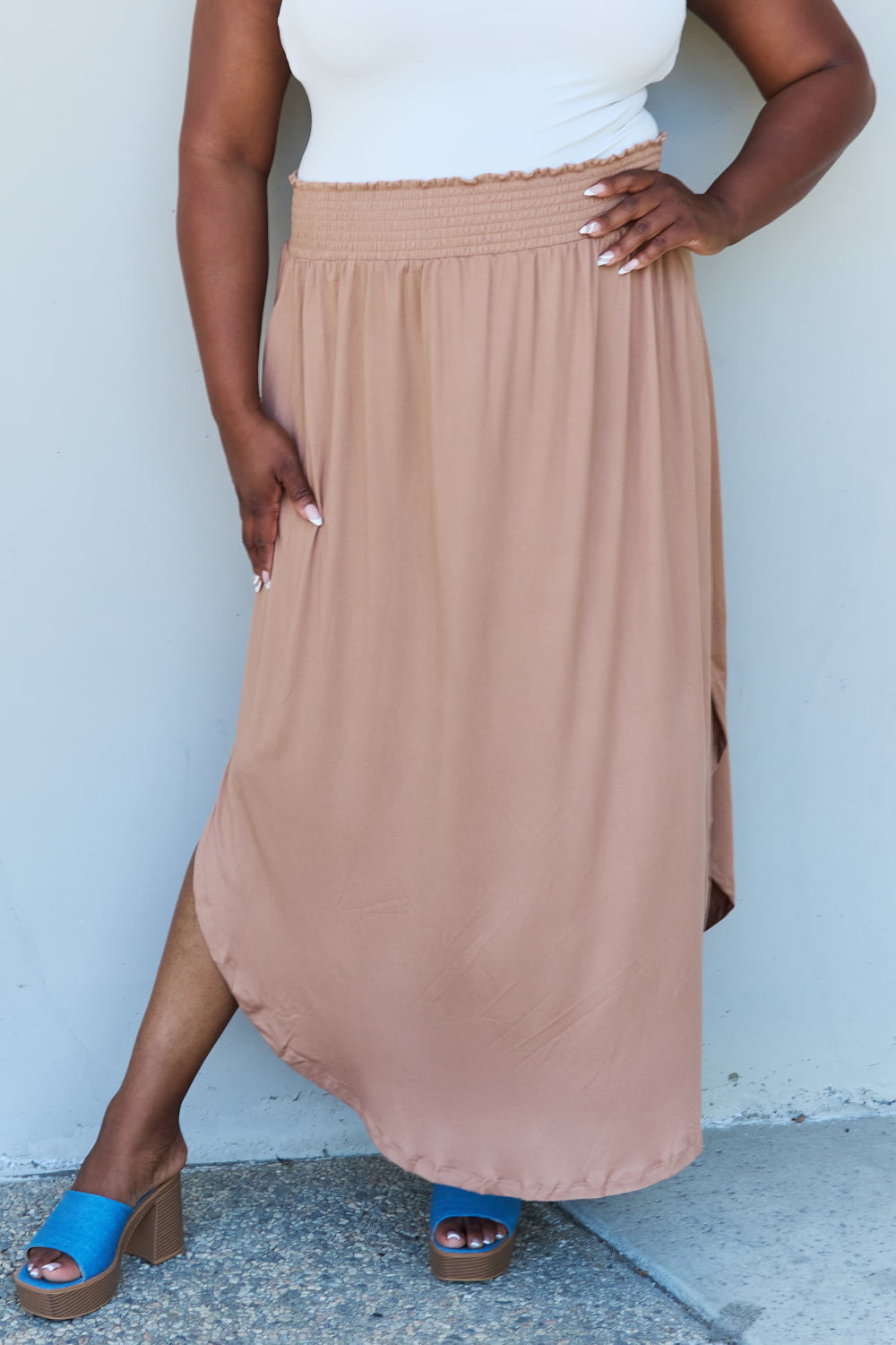 Doublju Comfort Princess High Waist Scoop Hem Maxi Skirt in Tan-Trendsi-Tan-S-[option4]-[option5]-[option6]-[option7]-[option8]-Shop-Boutique-Clothing-for-Women-Online