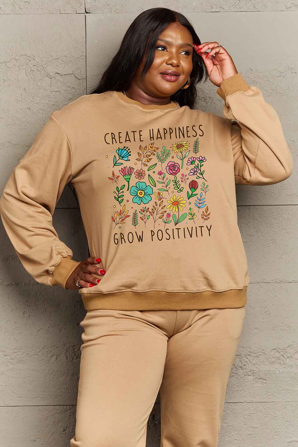 Simply Love CREATE HAPPINESS GROW POSITIVITY Graphic Sweatshirt-Trendsi-Taupe-S-[option4]-[option5]-[option6]-[option7]-[option8]-Shop-Boutique-Clothing-for-Women-Online