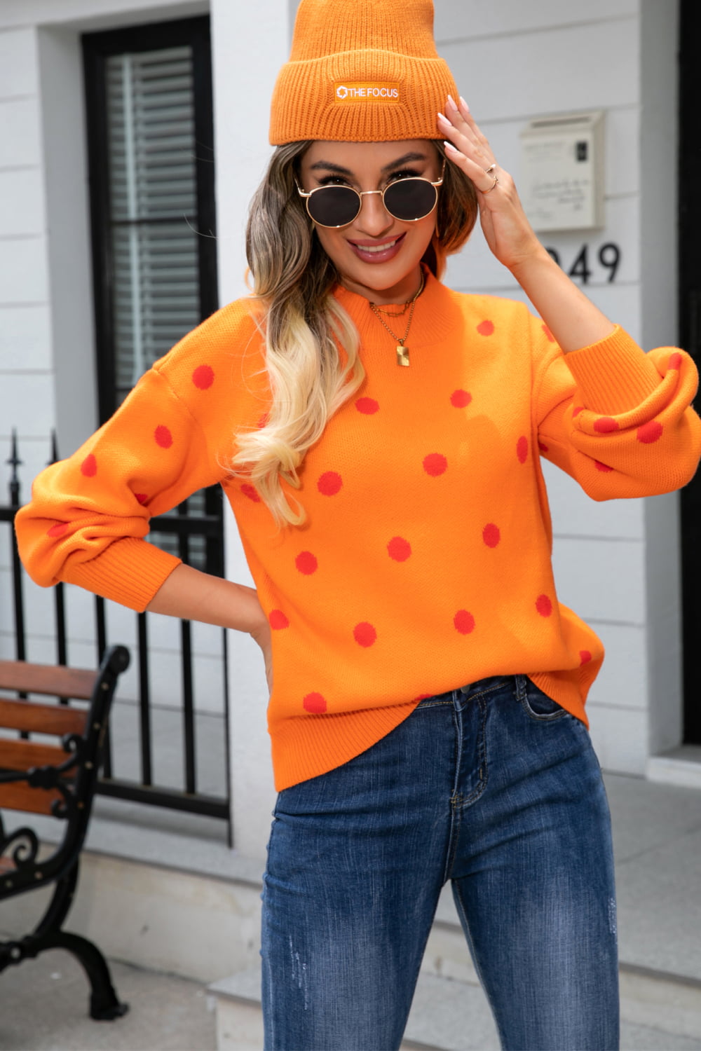 Woven Right Polka Dot Round Neck Dropped Shoulder Sweater-Trendsi-Tangerine-S-[option4]-[option5]-[option6]-[option7]-[option8]-Shop-Boutique-Clothing-for-Women-Online