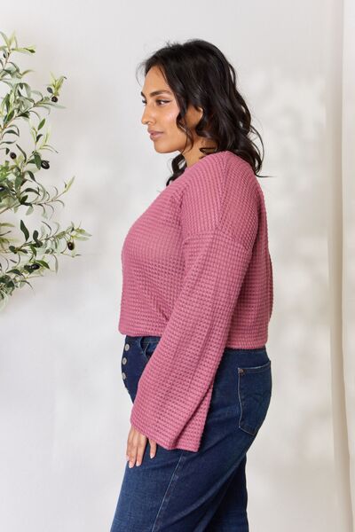 Culture Code Waffle-Knit Round Neck Long Sleeve Blouse-Trendsi-[option4]-[option5]-[option6]-[option7]-[option8]-Shop-Boutique-Clothing-for-Women-Online