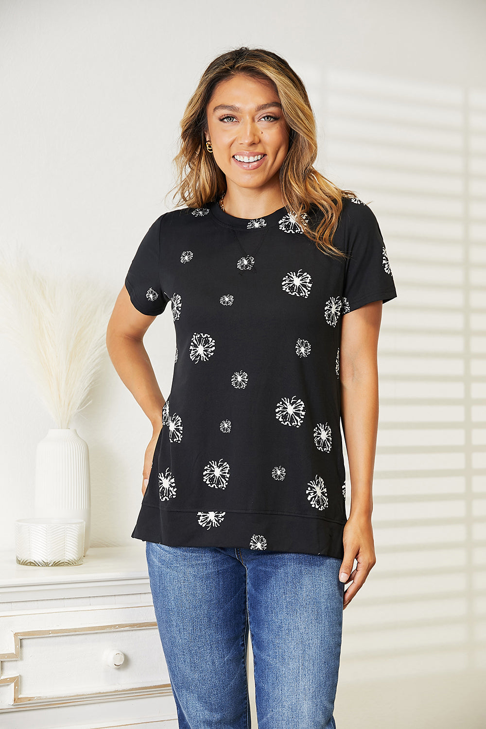 Double Take Dandelion Print Round Neck T-Shirt-Trendsi-[option4]-[option5]-[option6]-[option7]-[option8]-Shop-Boutique-Clothing-for-Women-Online