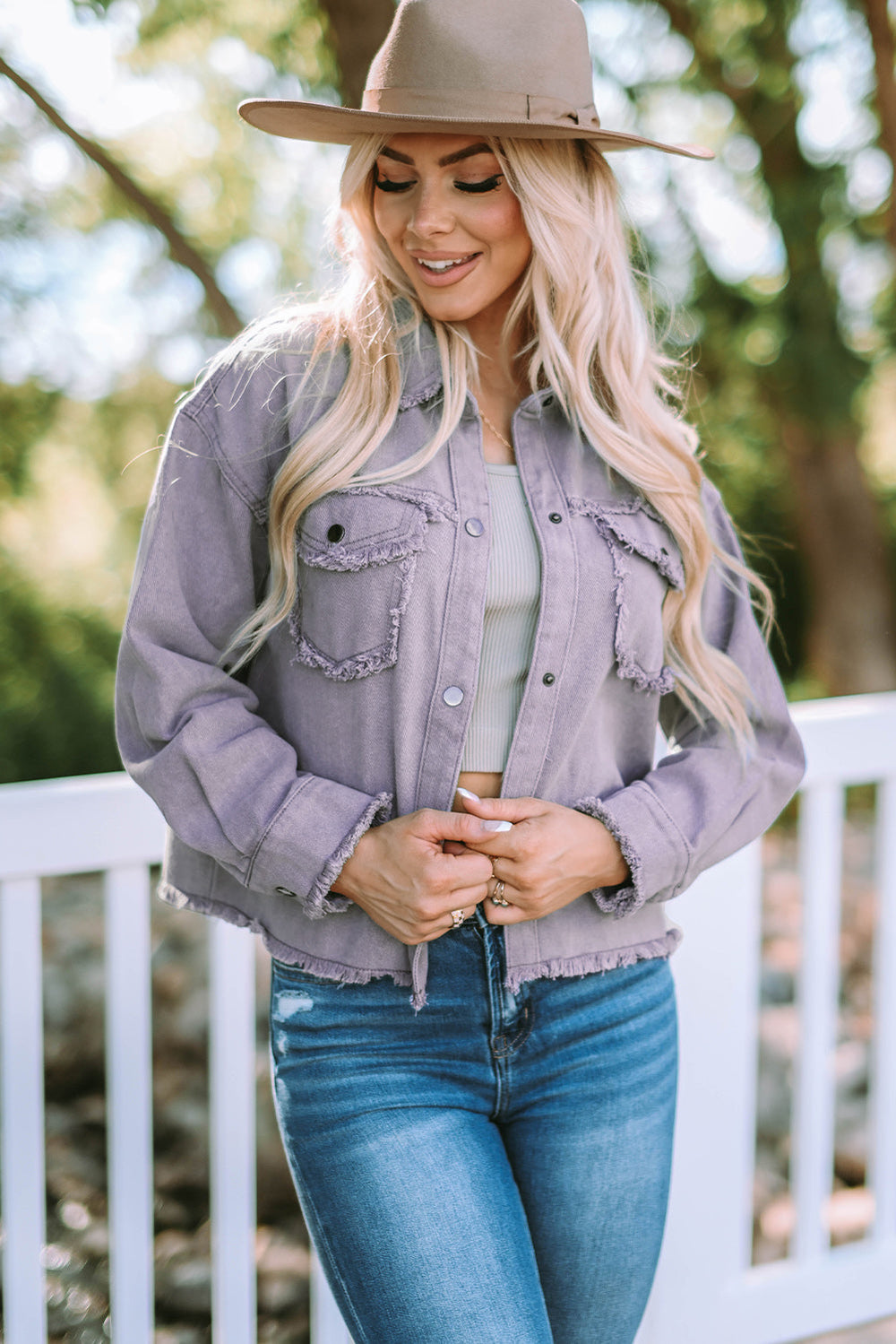 Frayed Trim Snap Down Denim Jacket-The Bee Chic Boutique-[option4]-[option5]-[option6]-[option7]-[option8]-Shop-Boutique-Clothing-for-Women-Online