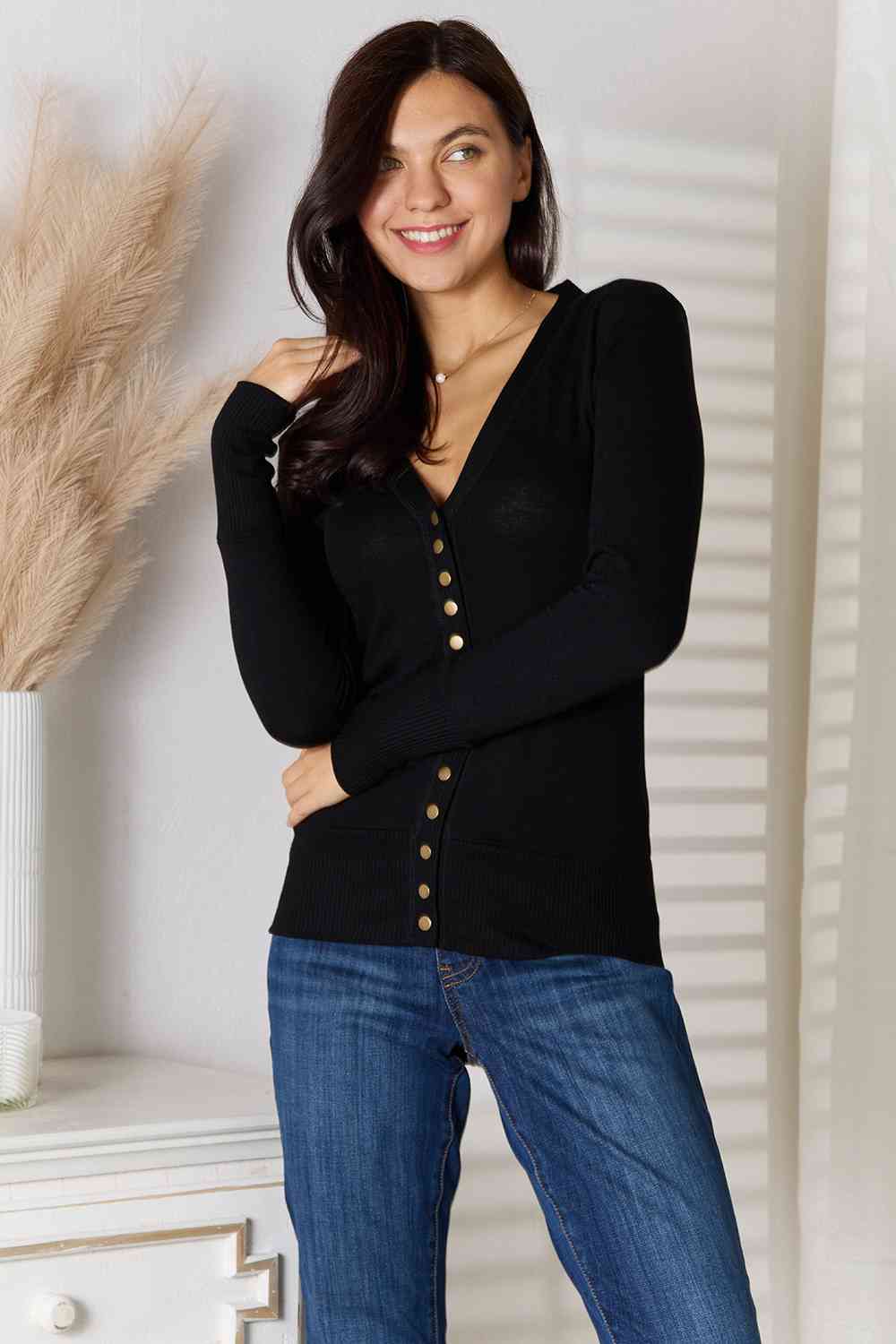 Zenana V-Neck Snap Cardigan-Trendsi-[option4]-[option5]-[option6]-[option7]-[option8]-Shop-Boutique-Clothing-for-Women-Online