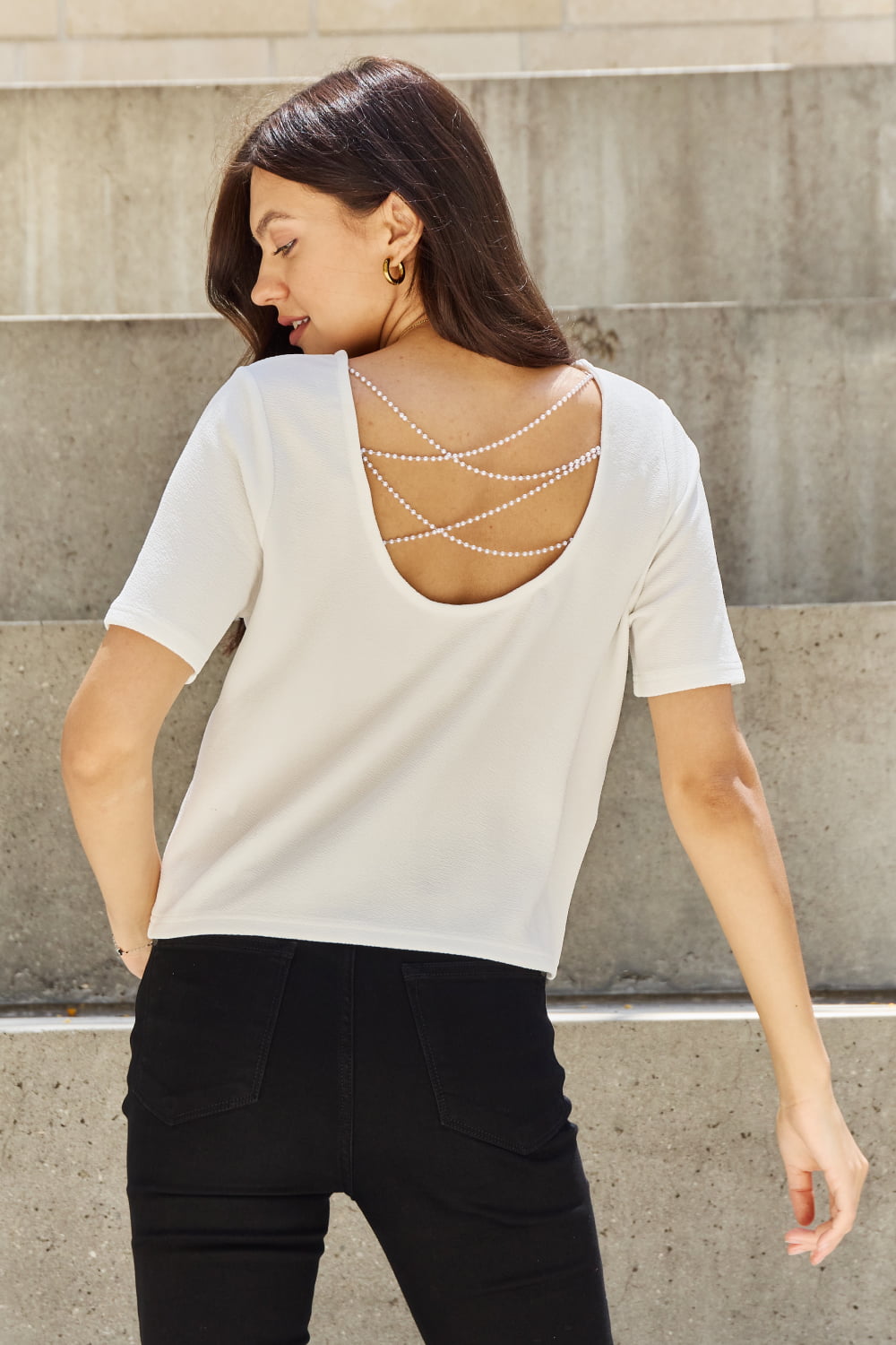 And The Why Pearly White Criss Cross Pearl Detail Open Back T-Shirt-Trendsi-Off White-S-[option4]-[option5]-[option6]-[option7]-[option8]-Shop-Boutique-Clothing-for-Women-Online
