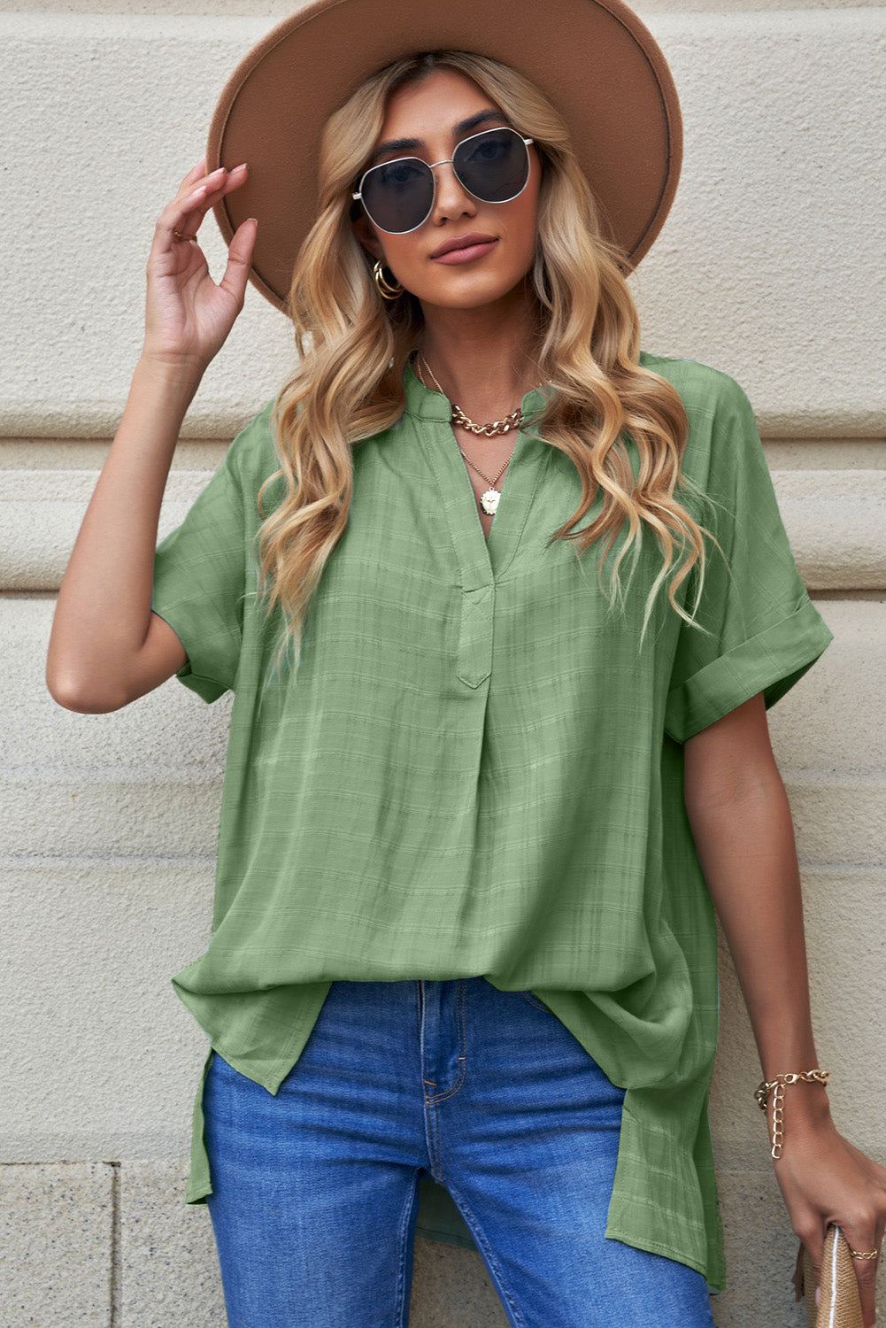 Notched Side Slit Cuffed Blouse-Trendsi-Green-S-[option4]-[option5]-[option6]-[option7]-[option8]-Shop-Boutique-Clothing-for-Women-Online