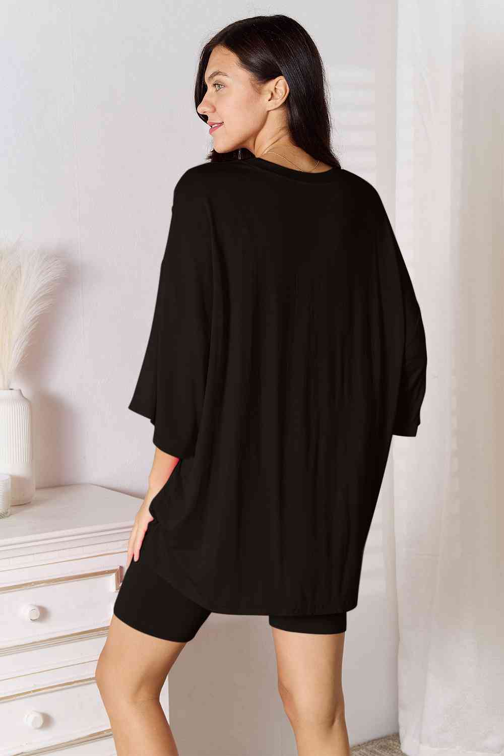 Basic Bae Soft Rayon Three-Quarter Sleeve Top and Shorts Set-Trendsi-Black-S-[option4]-[option5]-[option6]-[option7]-[option8]-Shop-Boutique-Clothing-for-Women-Online