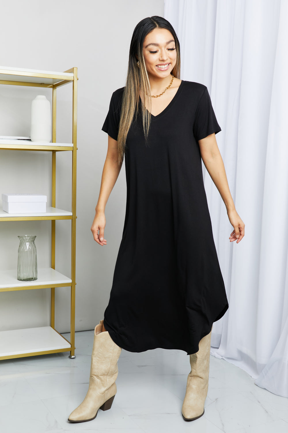 HYFVE V-Neck Short Sleeve Curved Hem Dress in Black-Trendsi-Black-S-[option4]-[option5]-[option6]-[option7]-[option8]-Shop-Boutique-Clothing-for-Women-Online
