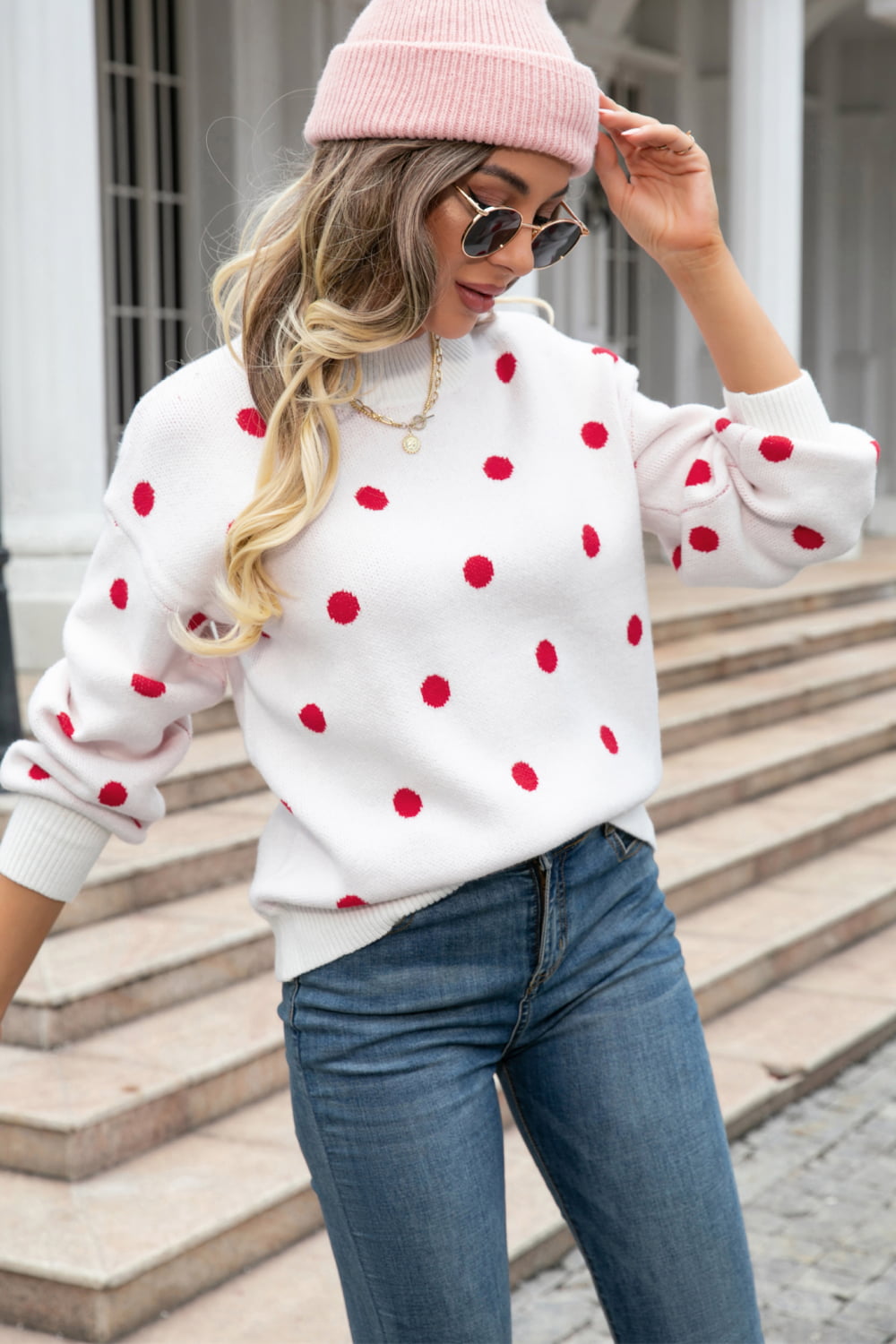 Woven Right Polka Dot Round Neck Dropped Shoulder Sweater-Trendsi-[option4]-[option5]-[option6]-[option7]-[option8]-Shop-Boutique-Clothing-for-Women-Online