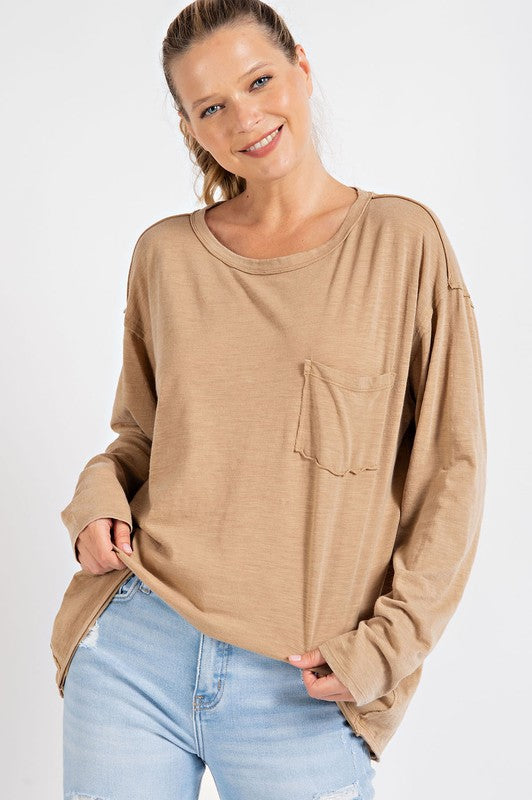 Rae Mode Mineral Washed Long Sleeved Top-Rae Mode-Camel-M-[option4]-[option5]-[option6]-[option7]-[option8]-Shop-Boutique-Clothing-for-Women-Online