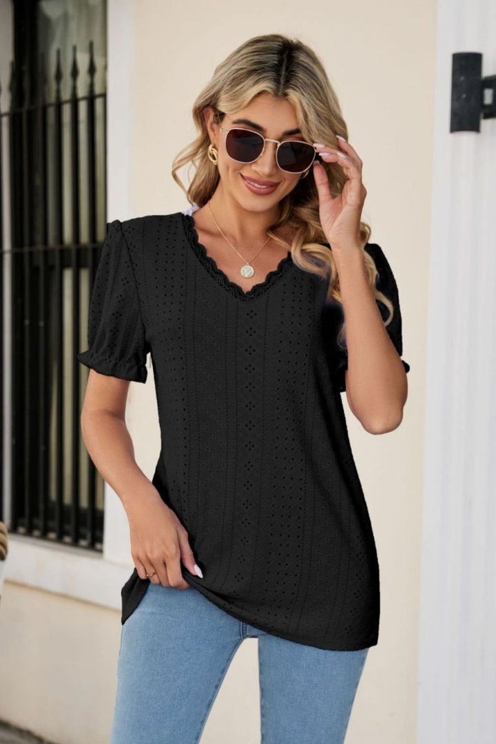 Eyelet Flounce Sleeve Scalloped V-Neck Top-Trendsi-Black-S-[option4]-[option5]-[option6]-[option7]-[option8]-Shop-Boutique-Clothing-for-Women-Online