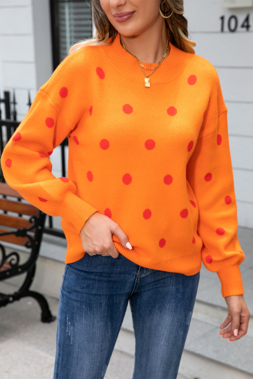 Woven Right Polka Dot Round Neck Dropped Shoulder Sweater-Trendsi-[option4]-[option5]-[option6]-[option7]-[option8]-Shop-Boutique-Clothing-for-Women-Online