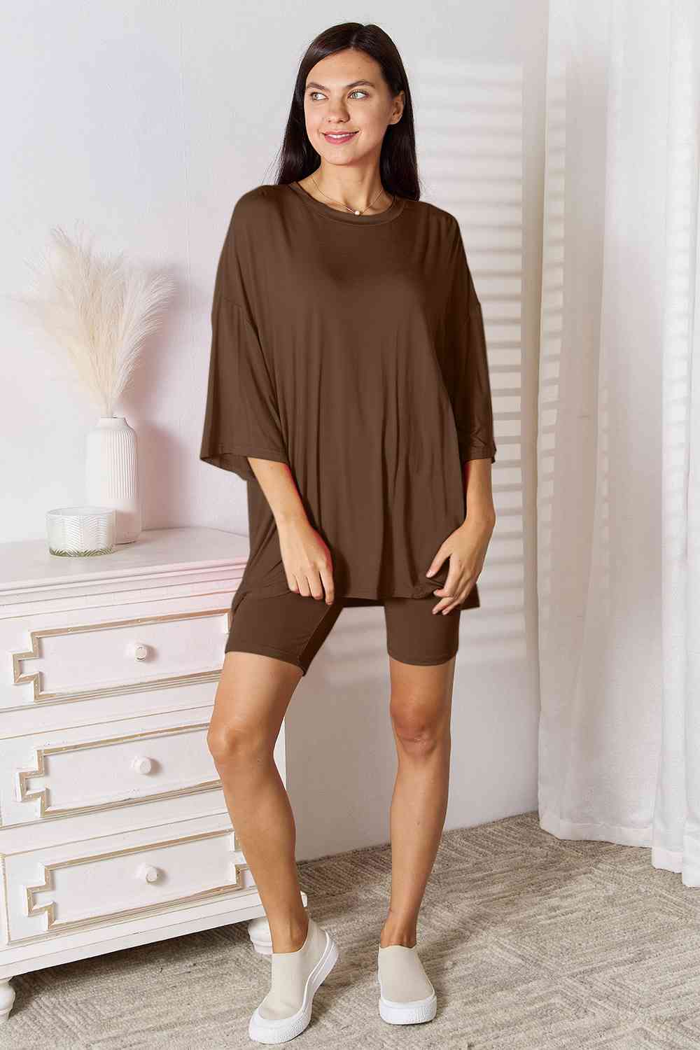 Basic Bae Soft Rayon Three-Quarter Sleeve Top and Shorts Set-Trendsi-[option4]-[option5]-[option6]-[option7]-[option8]-Shop-Boutique-Clothing-for-Women-Online