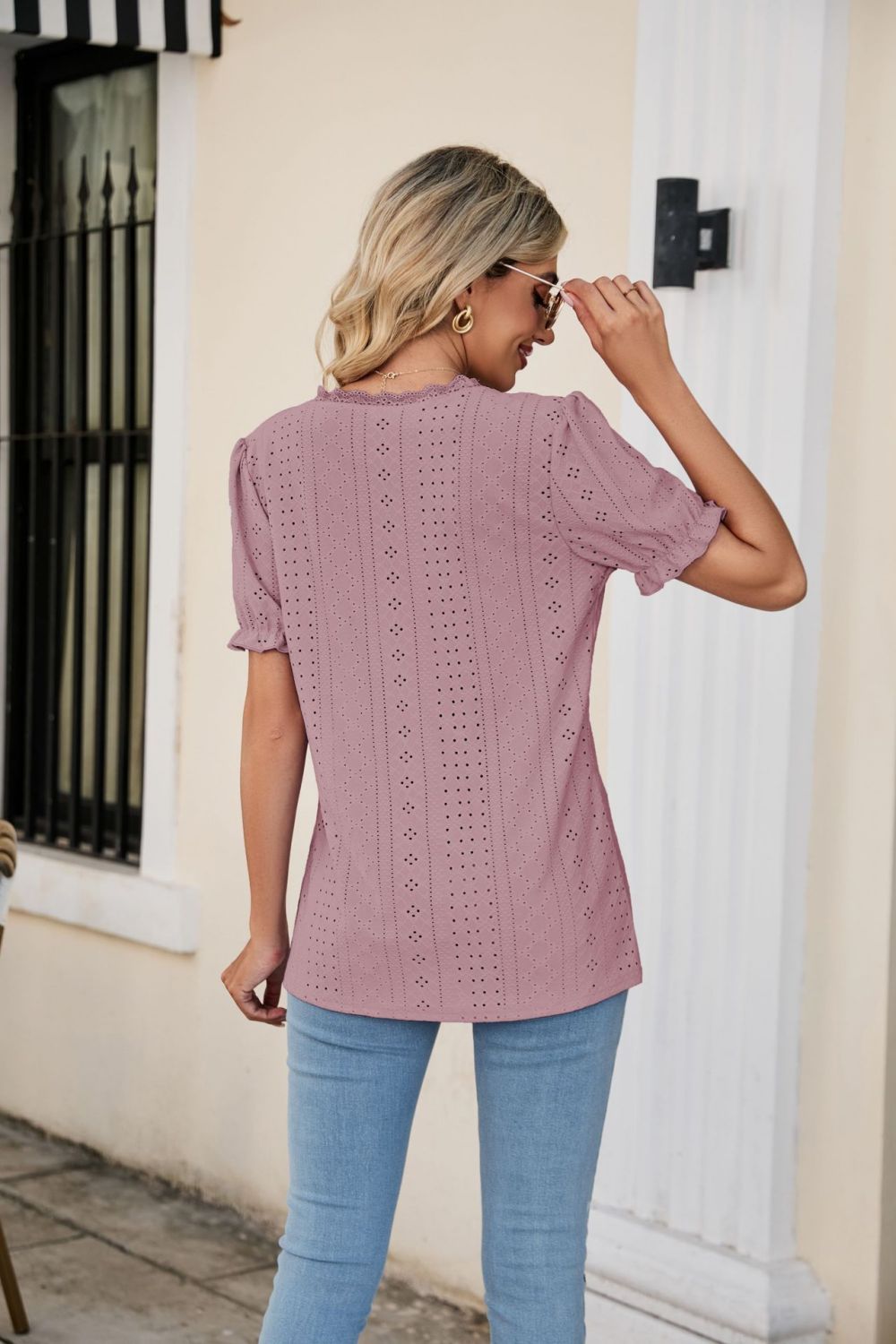 Eyelet Flounce Sleeve Scalloped V-Neck Top-Trendsi-[option4]-[option5]-[option6]-[option7]-[option8]-Shop-Boutique-Clothing-for-Women-Online