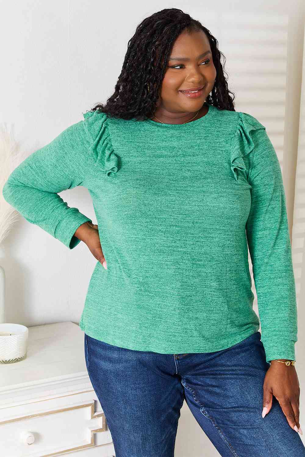 Double Take Ruffle Shoulder Long Sleeve T-Shirt-Trendsi-Green-S-[option4]-[option5]-[option6]-[option7]-[option8]-Shop-Boutique-Clothing-for-Women-Online
